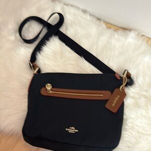 Coach Crossbody, navy canvas with leather trim